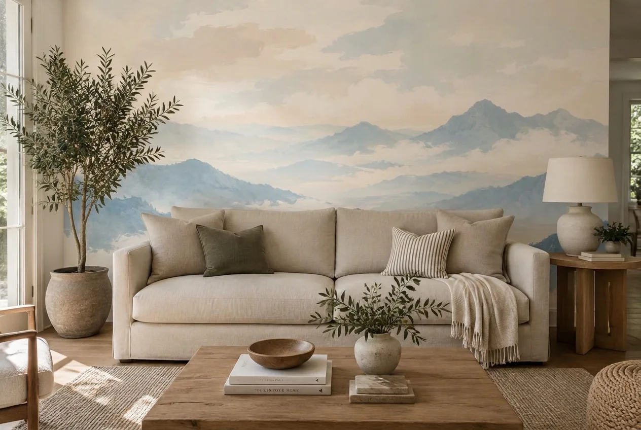 The same living room with Long Mist wallpaper